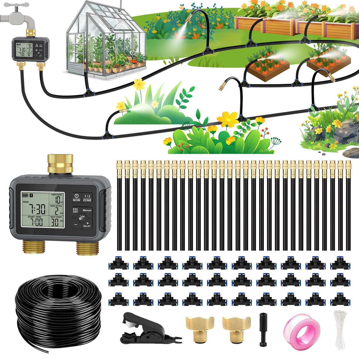 HEKIWAY - 120FT Drip Irrigation System with Smart Water Timer