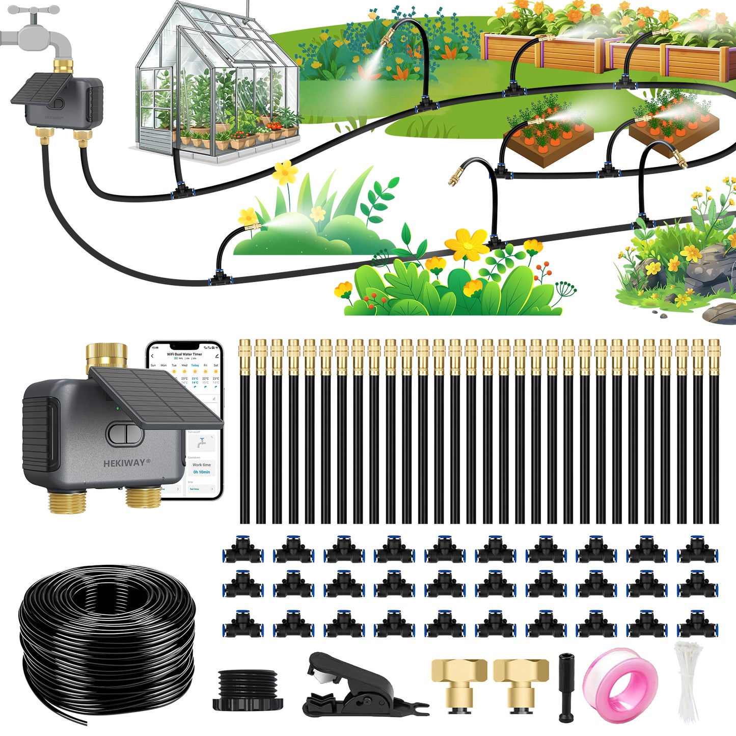 HEKIWAY - 120FT Drip Irrigation System with WiFi Solar Water Timer