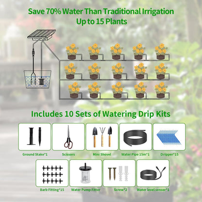 HEKIWAY - 49FT Solar Drip Irrigation Kit with Digital Screen