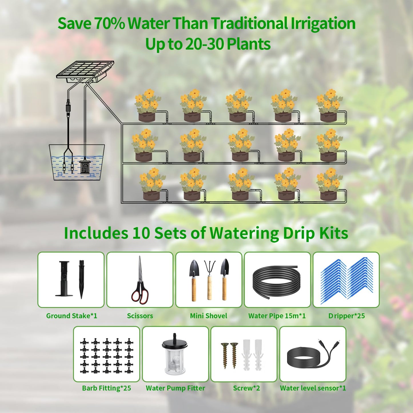 HEKIWAY - 49FT Solar Drip Irrigation Kit with Digital Screen